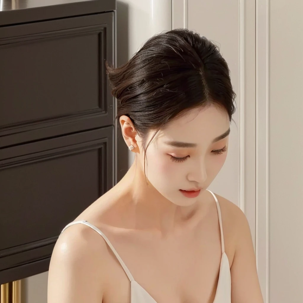 A lady is cutting a cake with a knife, side view, short hair, side view, Korean woman, Shin Min-jung, 28 years old, 29 years old, Cui Xianhua, Cai Zhiyun, Lee Ji-eun, Lee Ji-eun, elegant side pose, 3 6 years old
