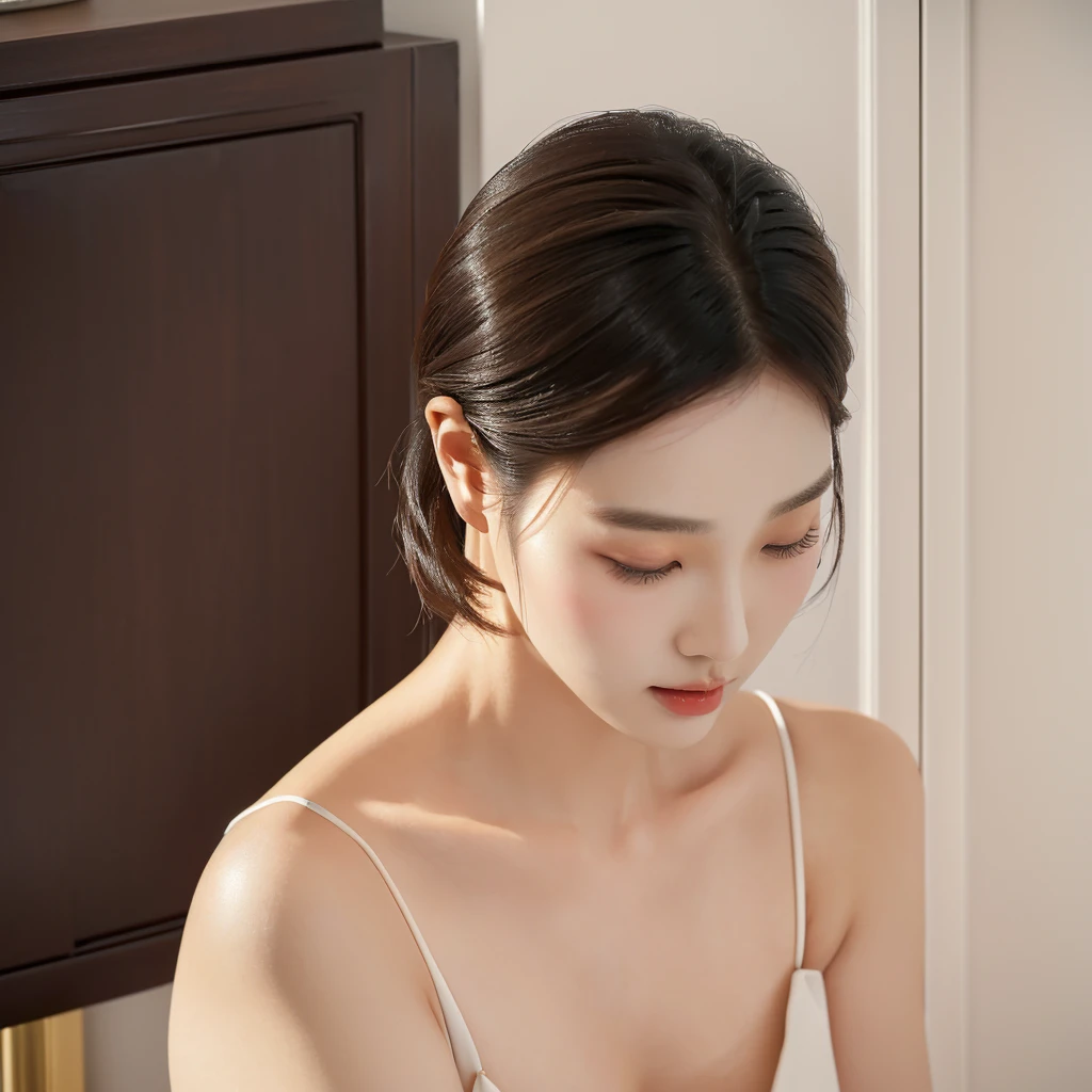 A lady is cutting a cake with a knife, side view, short hair, side view, Korean woman, Shin Min-jung, 28 years old, 29 years old, Cui Xianhua, Cai Zhiyun, Lee Ji-eun, Lee Ji-eun, elegant side pose, 3 6 years old