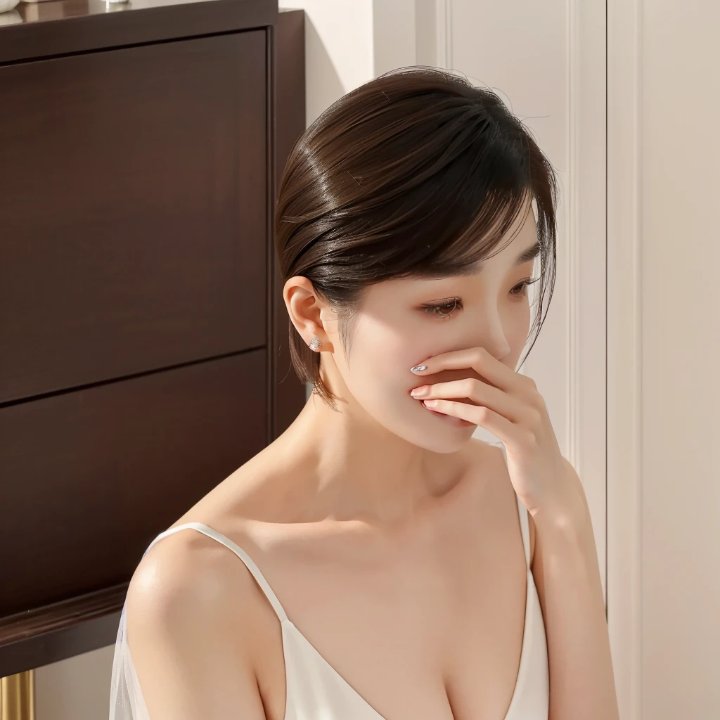 A lady is cutting a cake with a knife, side view, short hair, side view, Korean woman, Shin Min-jung, 28 years old, 29 years old, Cui Xianhua, Cai Zhiyun, Lee Ji-eun, Lee Ji-eun, elegant side pose, 3 6 years old