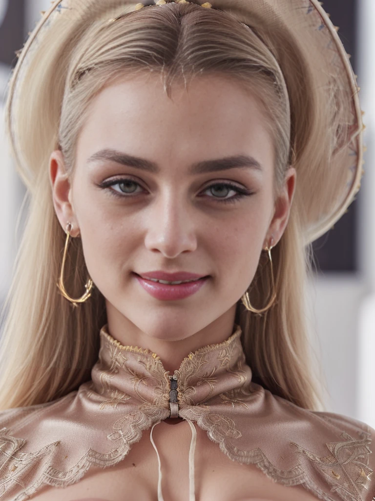(very detailed:1.5), (no nudity:2), (1girl:1.2), (bra:1,3), tits, (beautiful, Swedish, blonde), (silk bodysuit:1.5), (with yellow pattern very tight to the body:1. 3), (semi-transparent:1.2) (with some embroidery with small floral patterns:1. 3), inside a luxurious room decorated in romantic style, (bun:1.3), (long hair:1.3), half-moon hair ornament, eyeball, half-moon earrings, make-up, seductive smile, lips parted, Hyperrealism, Sony FE GM, 85mm, f/4.0, (cowboy shot:1.5), ((best quality)), ((masterpiece)), anatomically correct