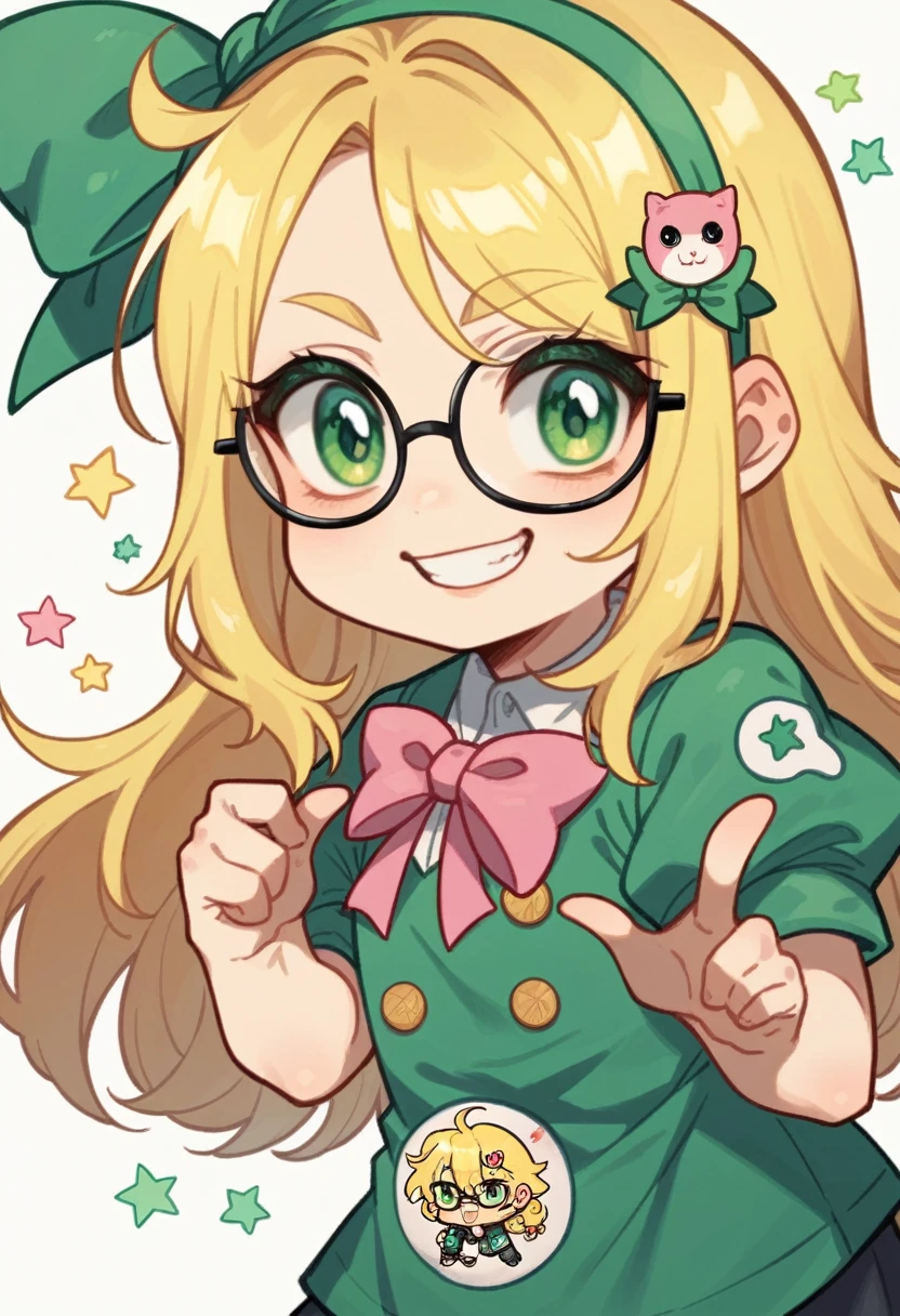 master, chief (twitch emote:1.3), chibi, (white|blonde long hair) , green eyes), yellow hair pin, white background, sticker,glasses, green eyes, pink bow, mischief, :3, sly, grin, chibi