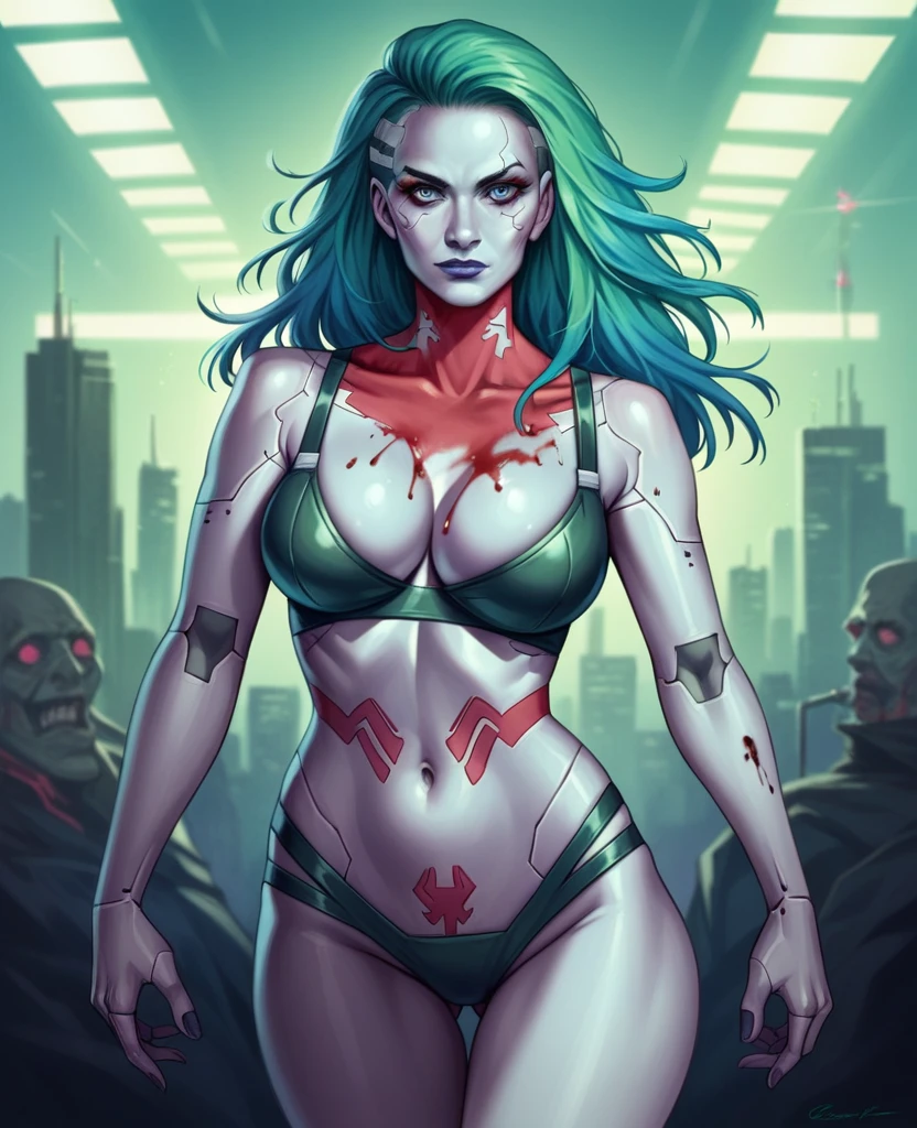 1 black girl, half robotic face, solo_focus, looking at viewer,black girl, long hair, breasts, looking at viewer, blue purple eyes, large breasts,robot green ligerie neon bra. blue braids hair, navel, cleavage, bare shoulders, standing ourole eyes, lips, blood, realistic, zombie, cyberpunk,a woman with blood on her face and a bloody face, neon operator margot robbie, hyper-realistic cyberpunk style, cyberpunk horror style, wojtek fus, cyberpunk angry gorgeous goddess, cyberpunk art style, beautiful cyberpunk girl face, black girl .pretty margot robbie vampire, cyberpunk style , hyperrealistic, cyberpunk art ultrarealistic 8k, cyberpunk beautiful girl, cyberpunk dark fantasy, cyberpunk girl,thigh gap
