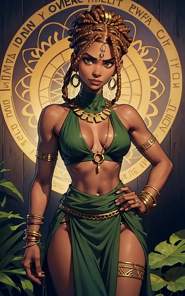 (Zendaya:Halle Berry) dressed like a nigerian chaman, red green and yellow sleeveless tunic, (high top fade haircut and dreads) tribal tattoo in the face, (golden rings necklace), Lovecraft atmosphere, masterpiece, hyperdetailed