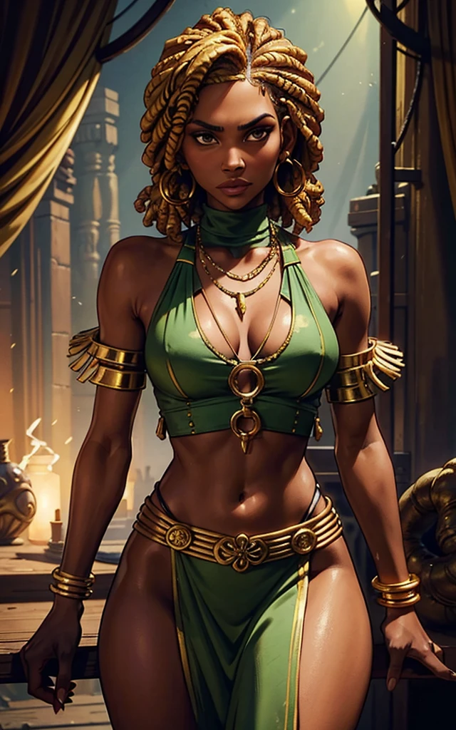 (Zendaya:Halle Berry) dressed like a nigerian chaman, red green and yellow sleeveless tunic, (high top fade haircut and dreads) tribal tattoo in the face, (golden rings necklace), Lovecraft atmosphere, masterpiece, hyperdetailed