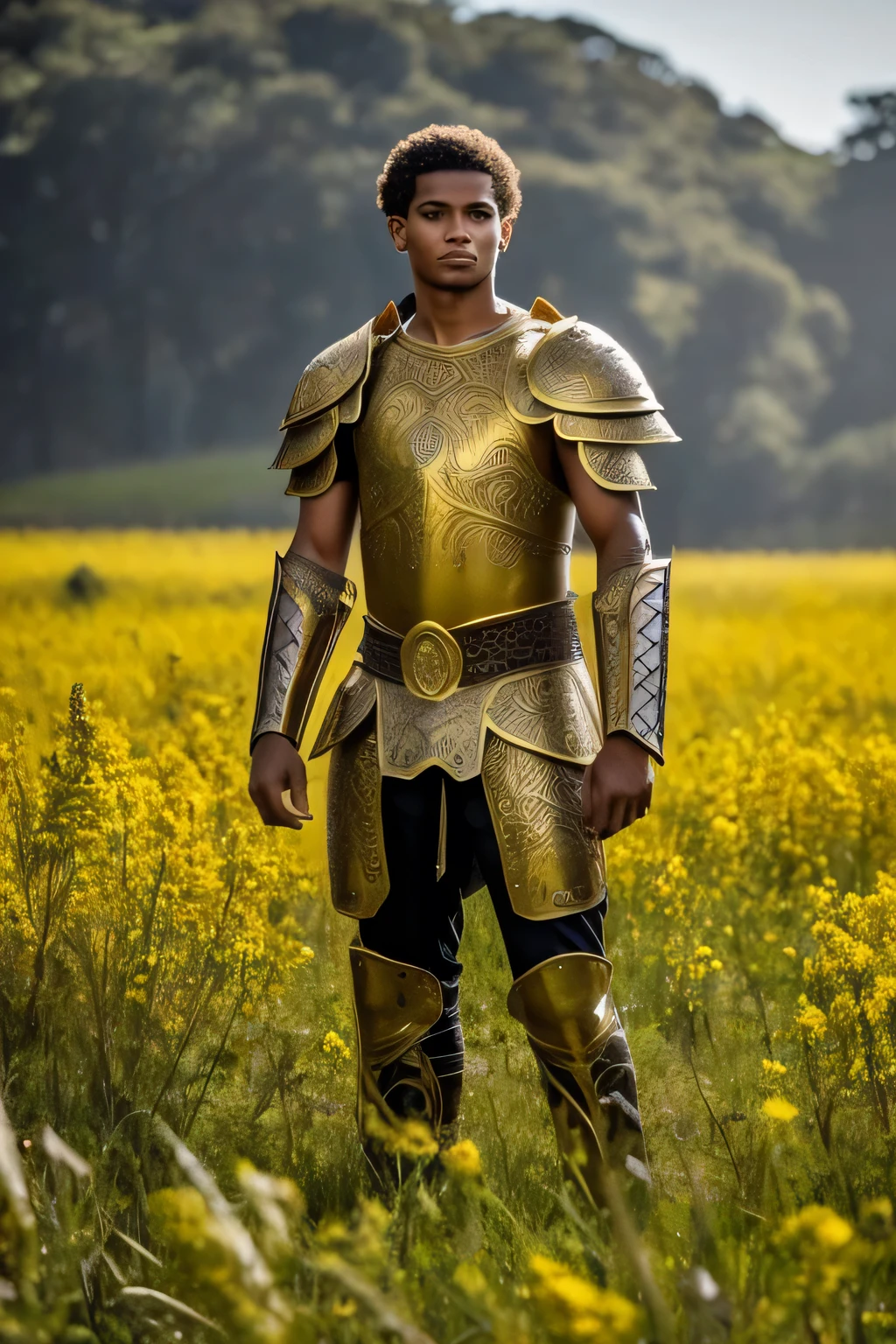 Um , cabelo loiro amarelo ou dourado ,Camponês, cabelo longo e amarelo, jovem bonito noble warrior, muscular, bloody, broken armor, broken sword, standing in a field full of bodies of fallen warriors