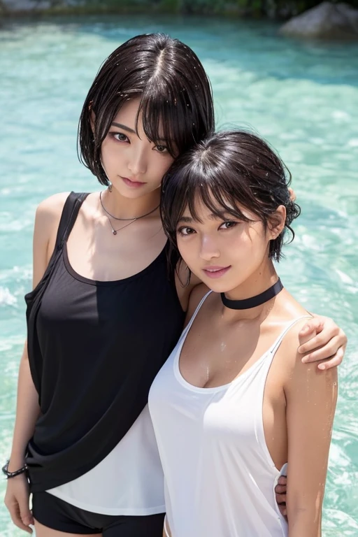 Embrace each other2人のJapaneseの女の子、White tank top、Big Breasts、Tanned dark skin、One is shorthair、Black choker、Japanese、Emphasize the chest、Wet clothes、Wet Hair、Wet body、Water Drop、Nipples
