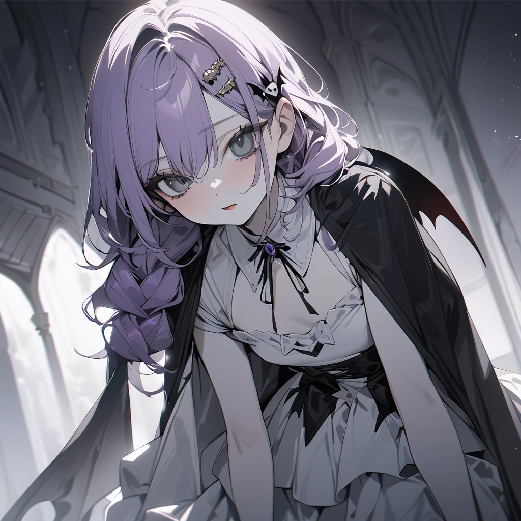(Cute a girl:1.5), (a girl with closs hair pin,pale purple hair,braided and up.,bluntbangs hair,green and black eyes,look at viewer, Vampire cloak, lolita dress:1.4),
(masterpiece:1.3), anime visual, (Lovey-dovey:1.5), (tilt head:1.3), extremely delicate face, soft clean focus, realistic lighting and shading, (an extremely delicate and beautiful art:1.3), elegant, (muted colors:1.1), small breast,slim,(exceptional, best aesthetic, new, newest, best quality, extremely detailed, :1.2),8k, white theme, blue theme,