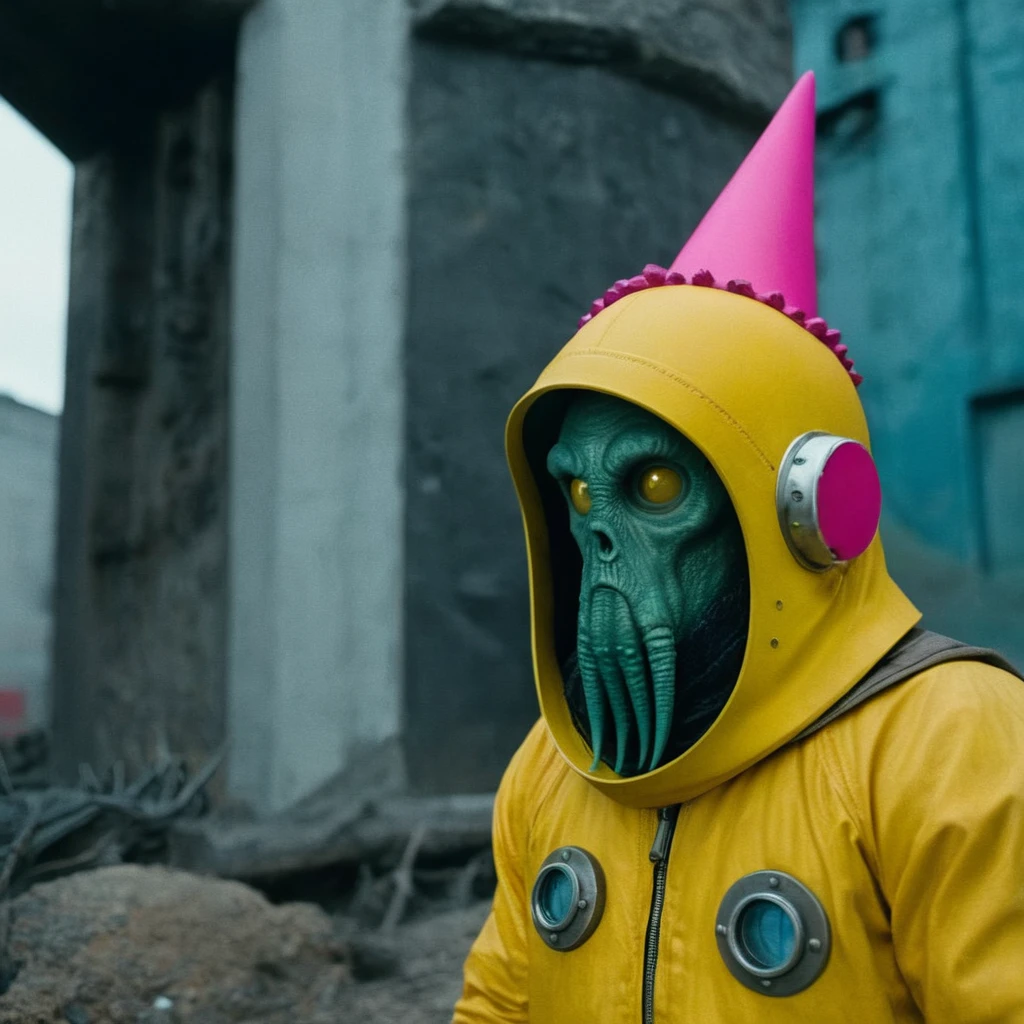 Horror-themed, In an ancient and mysterious city a person wearing a yellow helmet with pink dark spikes on it carcosa city style, Don Bluth Style ASTRONAUT Cthulhu yellow Toon Doll, full body RAW candid cinema, cyan hair, 16mm, color graded portra 400 film, Eerie, unsettling, dark, spooky, suspenseful, grim, highly detailed, titanium decorative headdress, cinematic, trending on artstation | Isometric | Centered