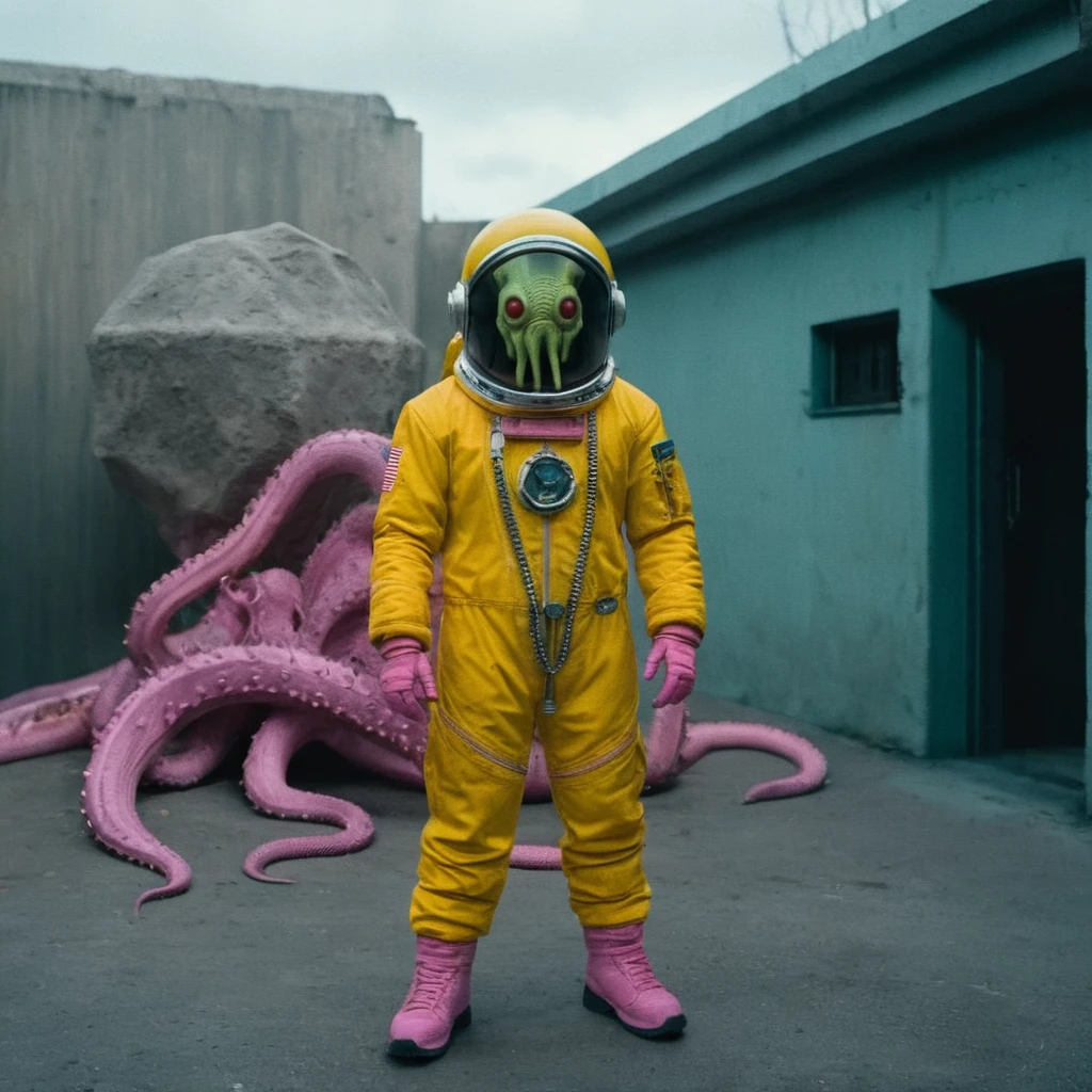 Horror-themed,  In an ancient and mysterious city a person wearing a yellow helmet with pink dark spikes on it carcosa city style, Don Bluth Style ASTRONAUT Cthulhu yellow Toon Doll, full body RAW candid cinema, cyan hair, 16mm, color graded portra 400 film, Eerie, unsettling, dark, spooky, suspenseful, grim, highly detailed, titanium decorative headdress, cinematic, trending on artstation | Isometric | Centered