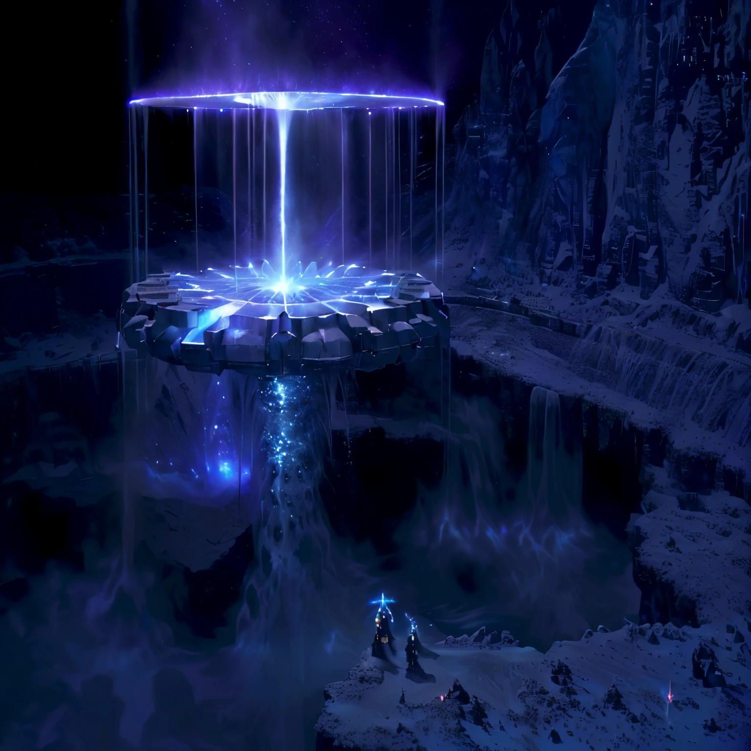 there is a fountain with water coming out of it in the dark, spirits coming out of portal, majestic interstellar portal, colossale interstellar portal, depicted as a scifi scene, waterfall in asteroid field, matte painting of steam machines, studying a hell open rift portal, ice city in 2 0 8 0, portal into anotheer dimension, infinite quantum portal