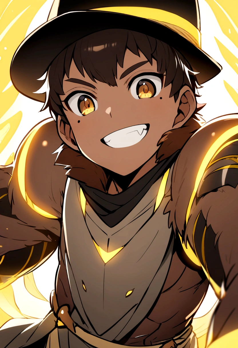 brown male mole, brown eyes, 2 mole teeth, black hat with yellow lights, brown fur with yellow center, grey loincloth, smile