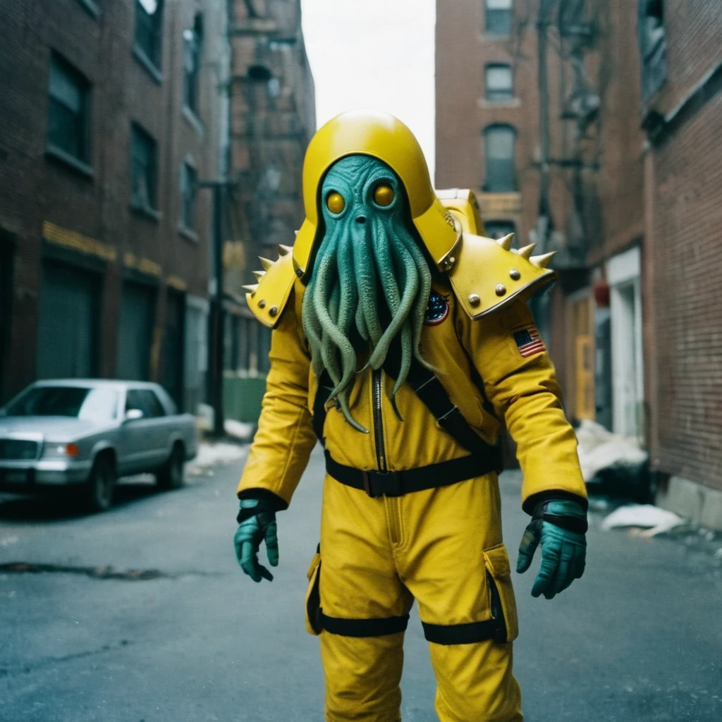 Horror-themed,  In an ancient and mysterious city a person wearing a yellow helmet with yellow spikes on it carcosa city style, Don Bluth Style ASTRONAUT Cthulhu yellow Toon Doll, full body RAW candid cinema, cyan hair, 16mm, color graded portra 400 film, Eerie, unsettling, dark, spooky, suspenseful, grim, highly detailed