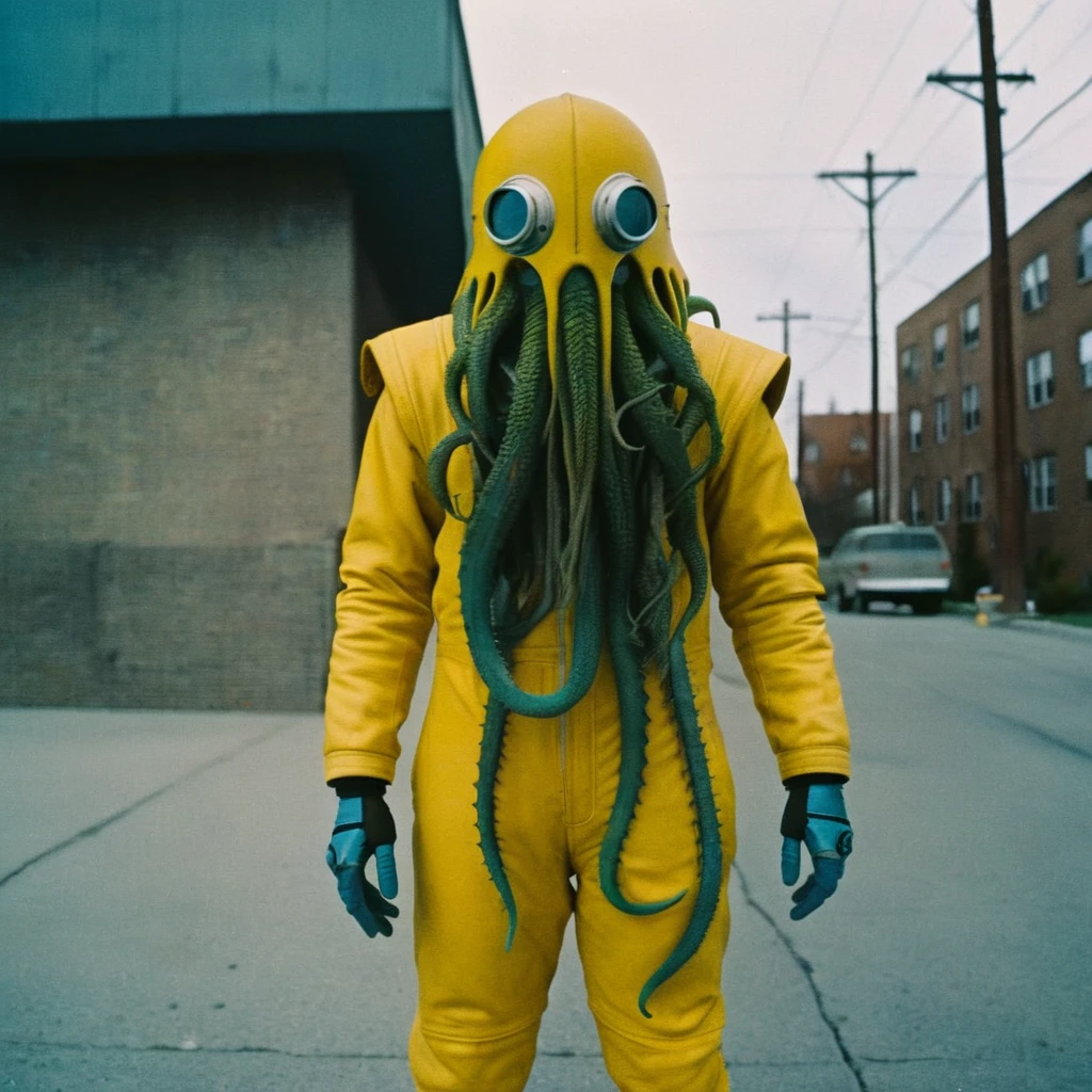Horror-themed, In an ancient and mysterious city a person wearing a yellow helmet with yellow spikes on it carcosa city style, Don Bluth Style ASTRONAUT Cthulhu yellow Toon Doll, full body RAW candid cinema, cyan hair, 16mm, color graded portra 400 film, Eerie, unsettling, dark, spooky, suspenseful, grim, highly detailed