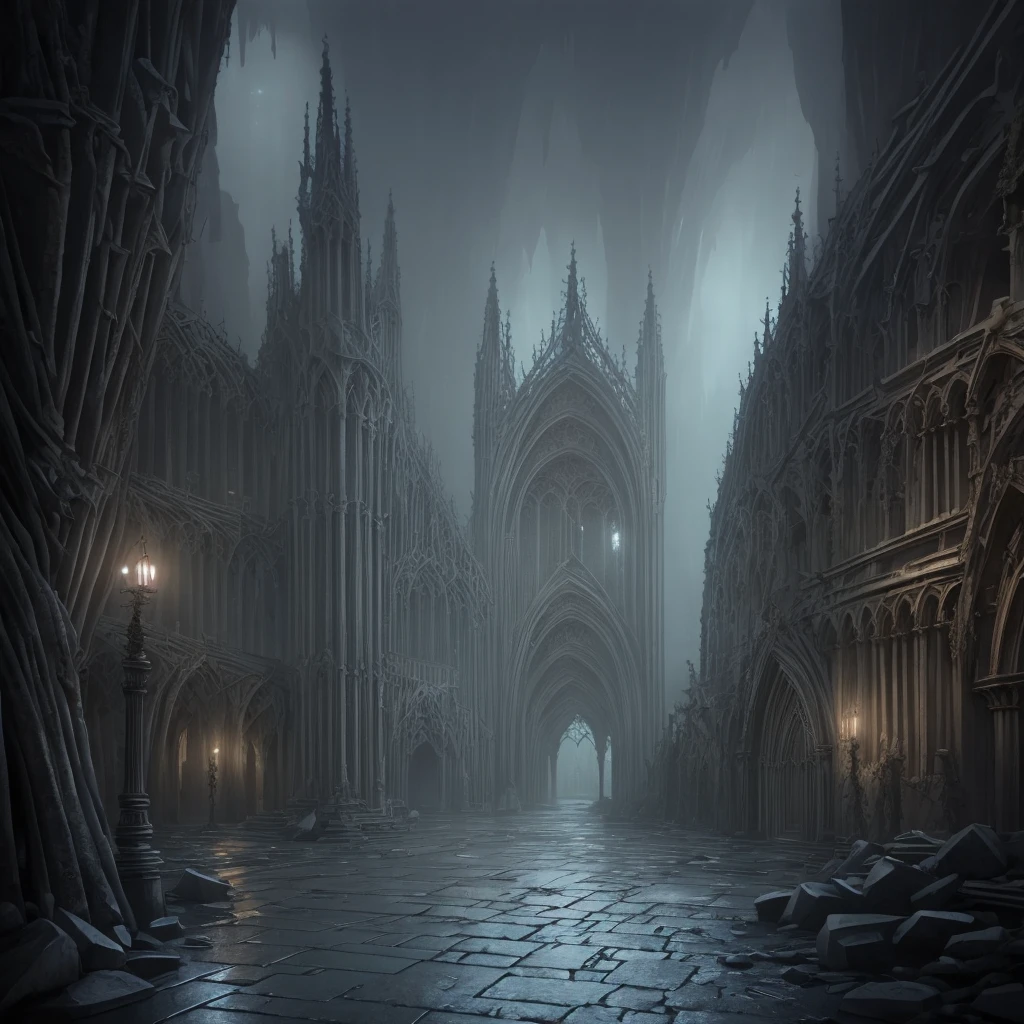 (masterpiece:1.2), (best quality,:1.2), 8k, HDR, ultra detailed, ((photorealistic)), perfect anatomy, professional light, cinematic lighting, fashion photography, ambient lighting,DarkElves, a sinister street in a dark elf city, in a cave, gothic architecture, spikes, epiCPhoto