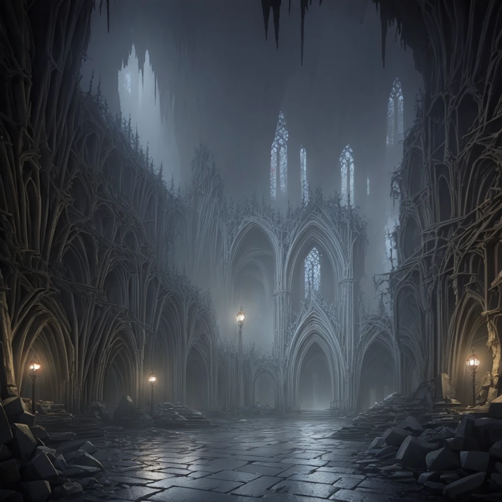 (masterpiece:1.2), (best quality,:1.2), 8k, HDR, ultra detailed, ((photorealistic)), perfect anatomy, professional light, cinematic lighting, fashion photography, ambient lighting,DarkElves, a sinister street in a dark elf city, in a cave, gothic architecture, spikes, epiCPhoto