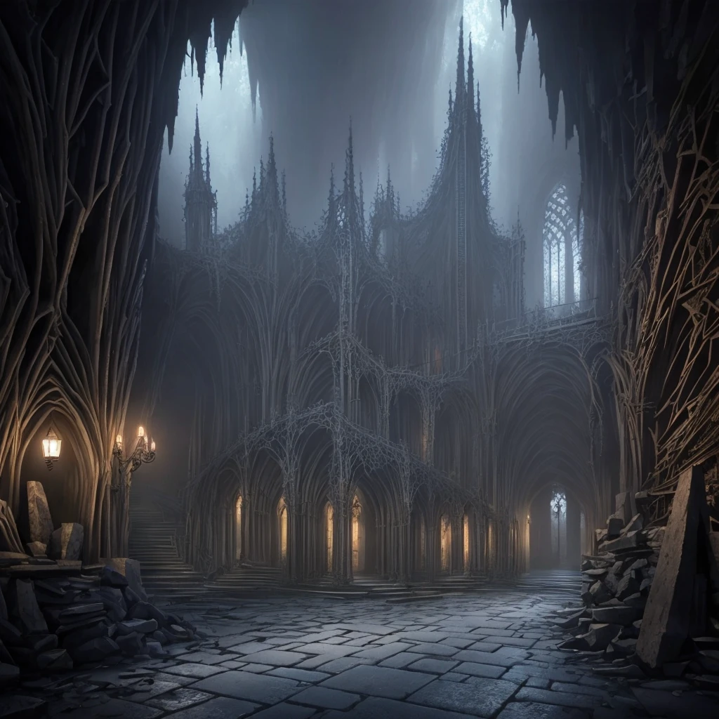 (masterpiece:1.2), (best quality,:1.2), 8k, HDR, ultra detailed, ((photorealistic)), perfect anatomy, professional light, cinematic lighting, fashion photography, ambient lighting,DarkElves, a sinister street in a dark elf city, in a cave, gothic architecture, spikes, epiCPhoto