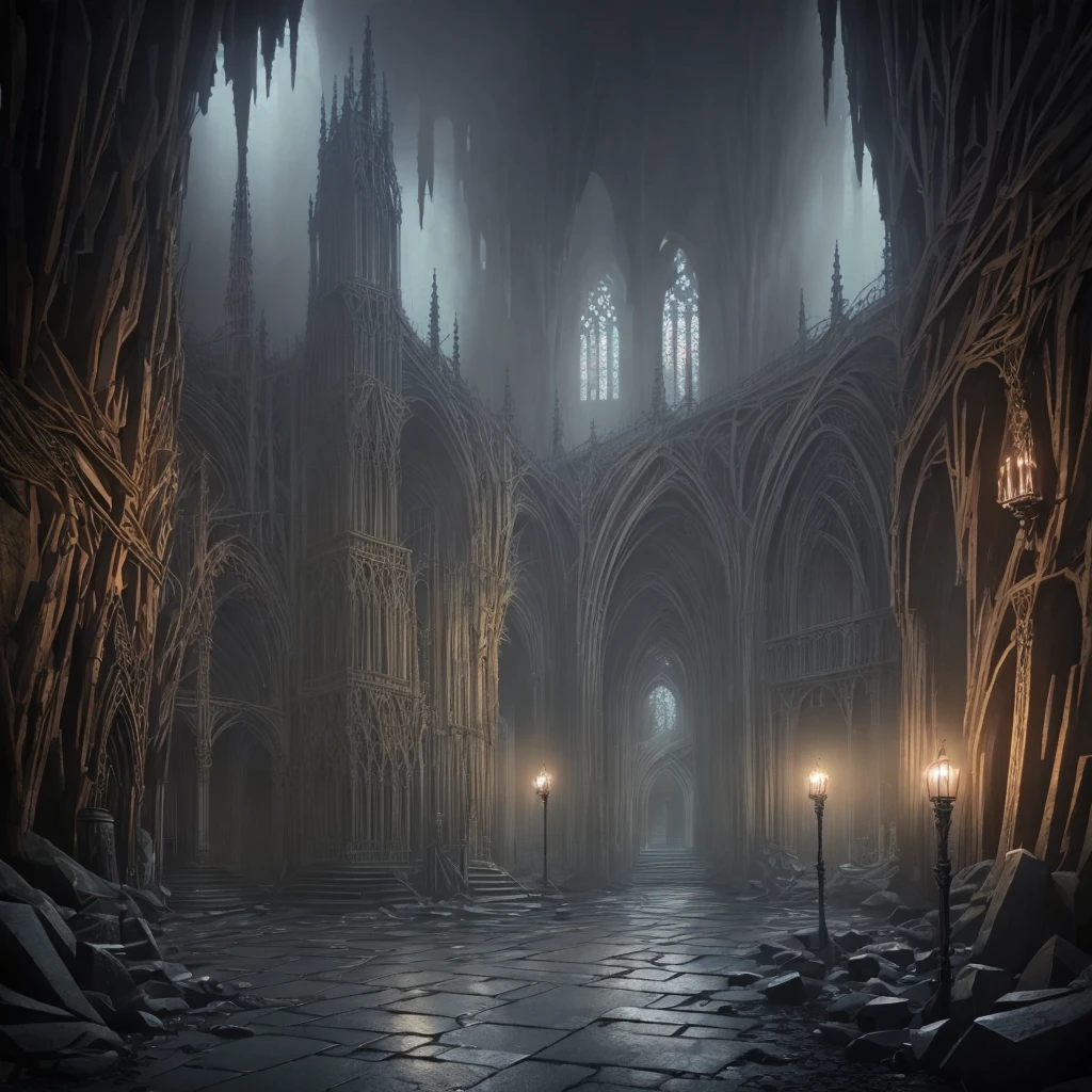 (masterpiece:1.2), (best quality,:1.2), 8k, HDR, ultra detailed, ((photorealistic)), perfect anatomy, professional light, cinematic lighting, fashion photography, ambient lighting,DarkElves, a sinister street in a dark elf city, in a cave, gothic architecture, spikes, epiCPhoto