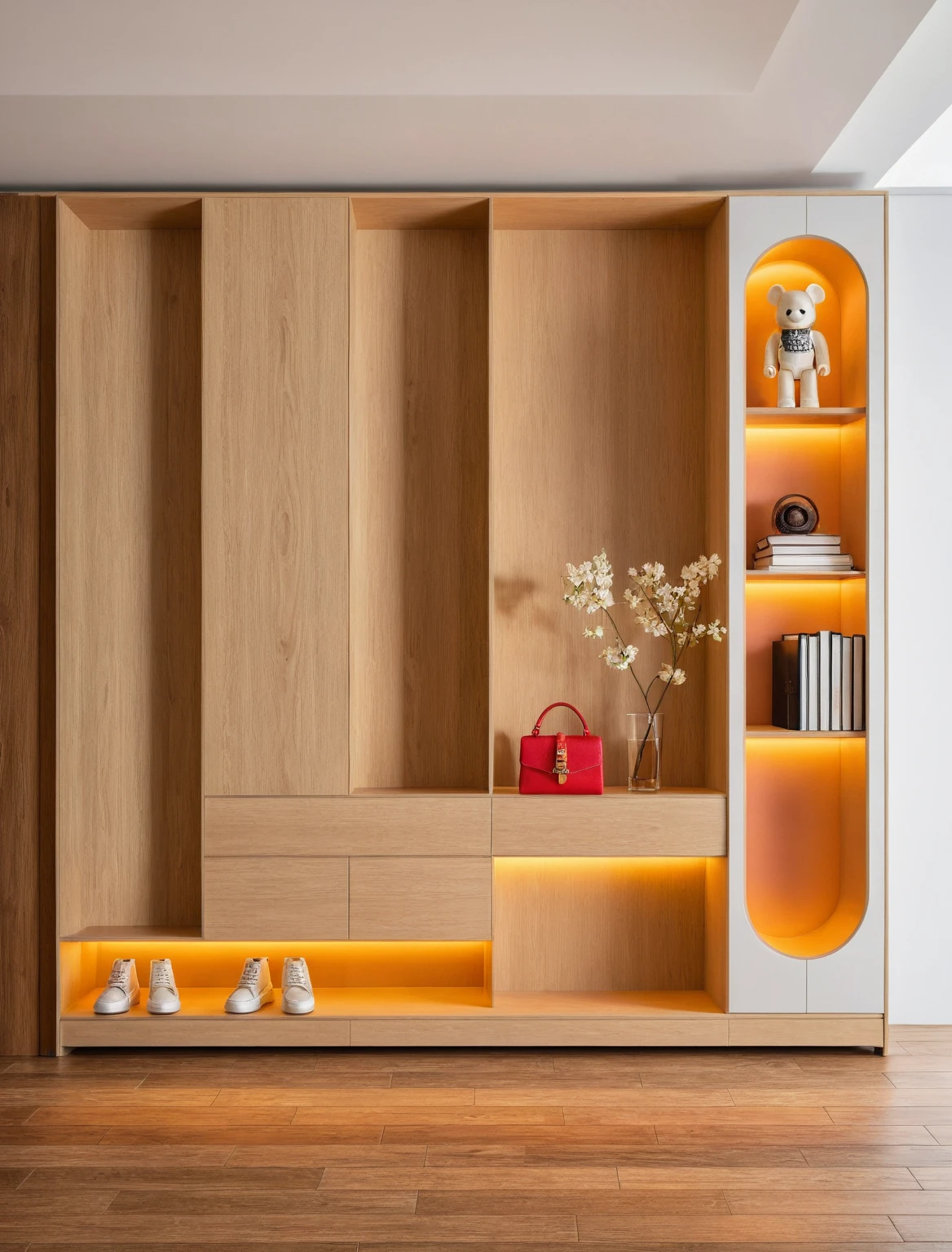 Raw photo,Masterpiece, high quality, best quality, authentic, super detail, interior, shoes Cabinet style modern luxury, decorative cabinets, flower vases, decorations, books, wooden floor, handbags, shoes, bearbrick, (daylight:1.1), vivid colour, (realistic:1.2), (tones wooden and white)