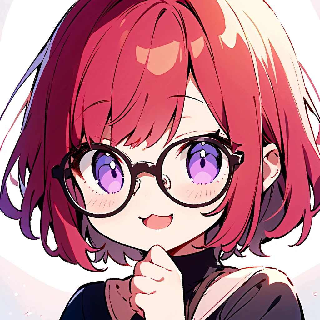 masterpiece,best quality,
, 1girl,short hair ,purple eyes, red hair, c
, grin, :3, upper body, hand to own mouth,open mouth, glasses, pink bow, chibi,