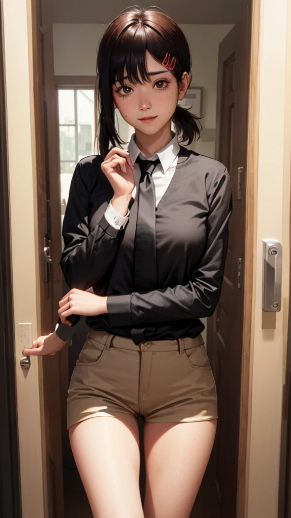 masterpiece, best quality, ultra-detailed, illustration, epic lighting, cinematic composition, isometric, 1girl, solo, cute, brown eyes, black hair, swept bangs, single sidelock, red hairclip, white collared shirt, black necktie, black pants, formal, enchanting gaze, captivating pose, indoors, office, door, opening door, looking at viewer, peeking out upper body, blush, seductive smile, closed mouth,(8k:1.1),