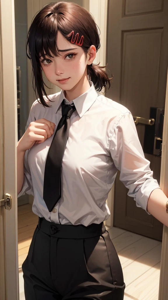 masterpiece, best quality, ultra-detailed, illustration, epic lighting, cinematic composition, isometric, 1girl, solo, cute, brown eyes, black hair, swept bangs, single sidelock, red hairclip, white collared shirt, black necktie, black pants, formal, enchanting gaze, captivating pose, indoors, office, door, opening door, looking at viewer, peeking out upper body, blush, seductive smile, closed mouth,(8k:1.1),