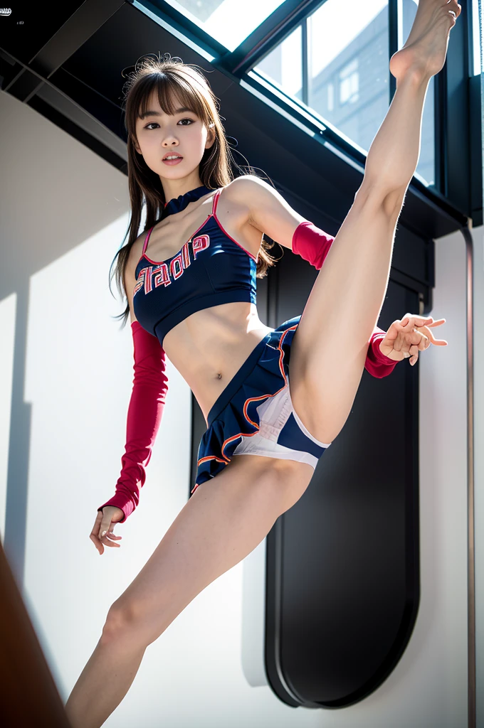 (8x_NMKD-Superscale_150000_G, 8k, best quality, high resolution, masterpiece), ((from below)), (((sStanding posture, leg up))), ((1 girl, 18 years old)), (Cheergirl, flat chest, Frilled panties)