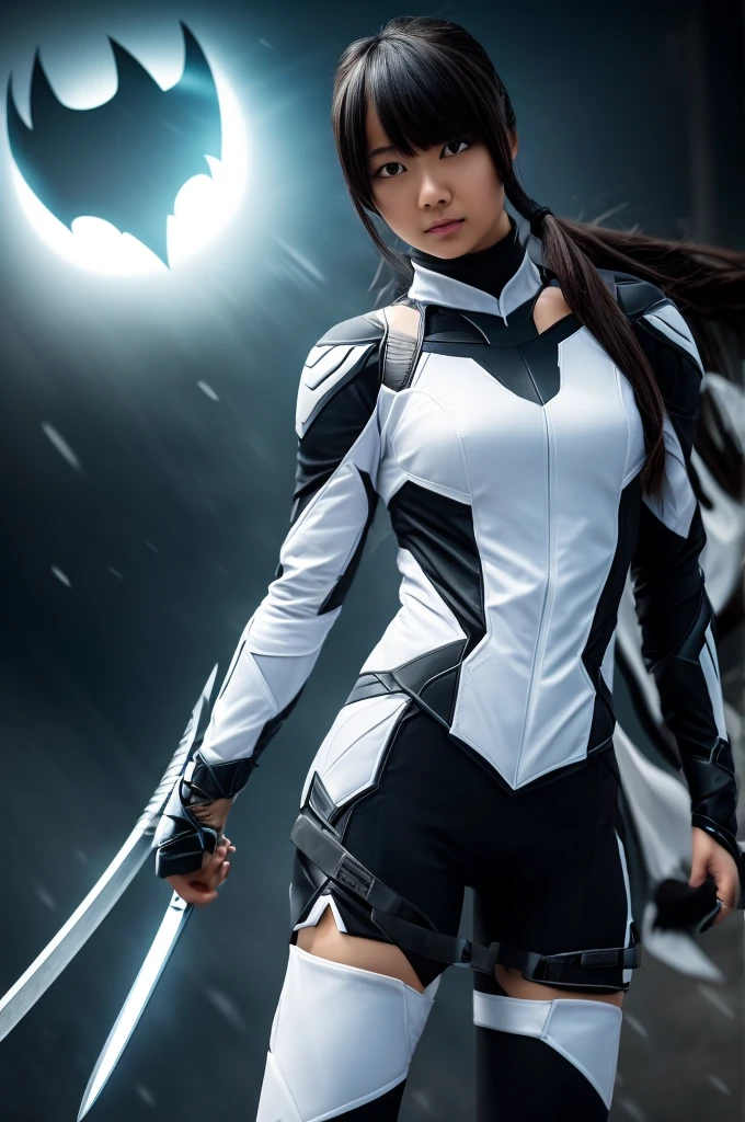 superhero, modern super hero costume, white bat costume, style like the black mouse suit and the Batman suit, suit for girl, ninja, with a Chinese sword, Beautiful Chinese woman, Chinese woman with bangs, courageous character, Kind, Brave, determination, on the battlefield, atmospheric perspective, Motion blur, 8K, super detailing, Best quality, uhd, high detail