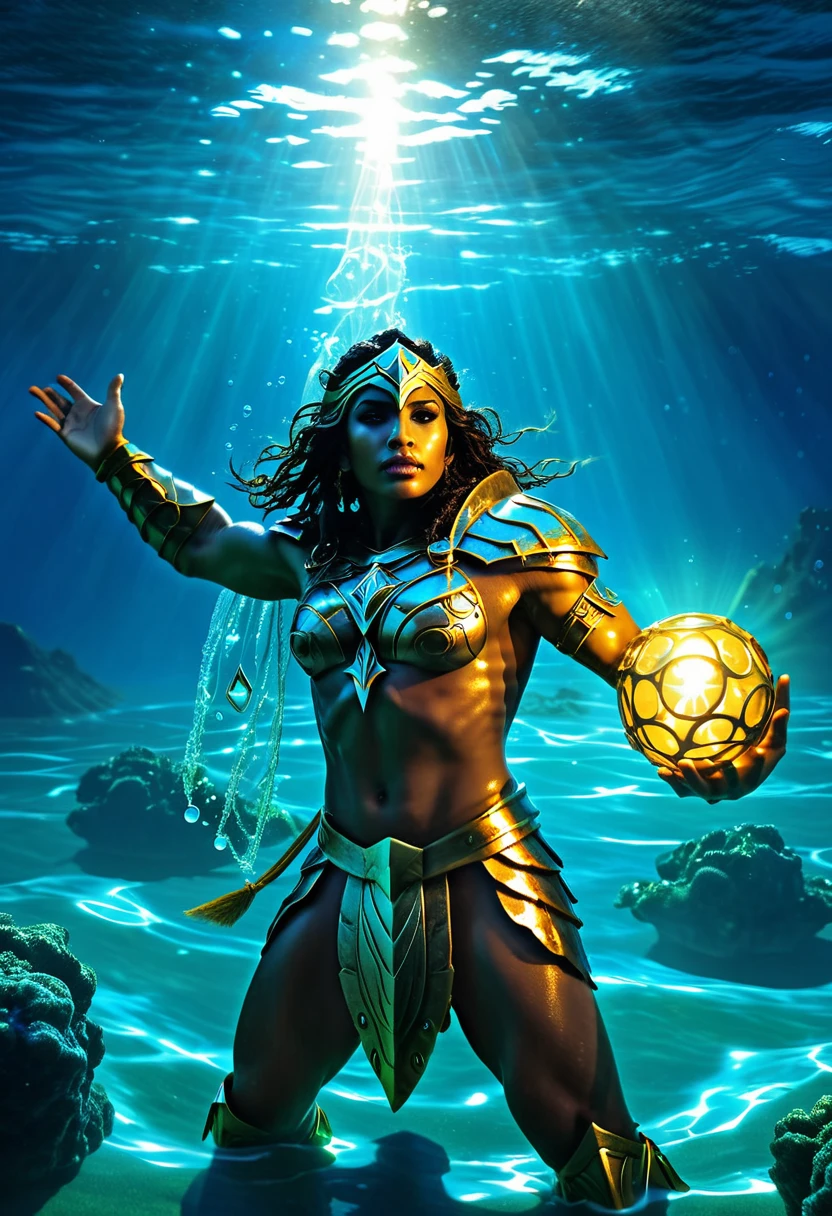 Atlantean warriors, Hedra, emerges as a luminary being from the depths of the ocean