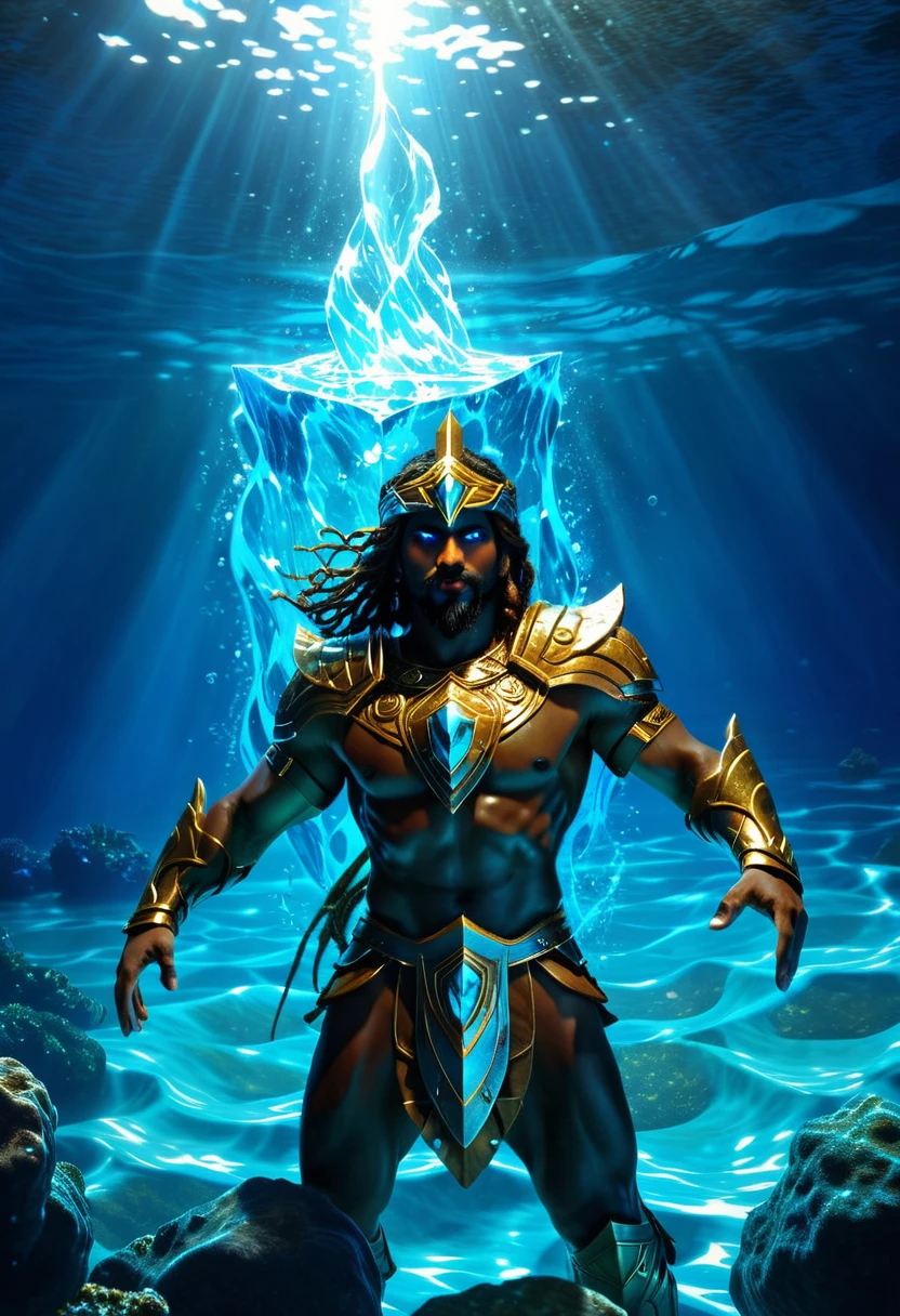 Atlantean warriors, Hedra, emerges as a luminary being from the depths of the ocean