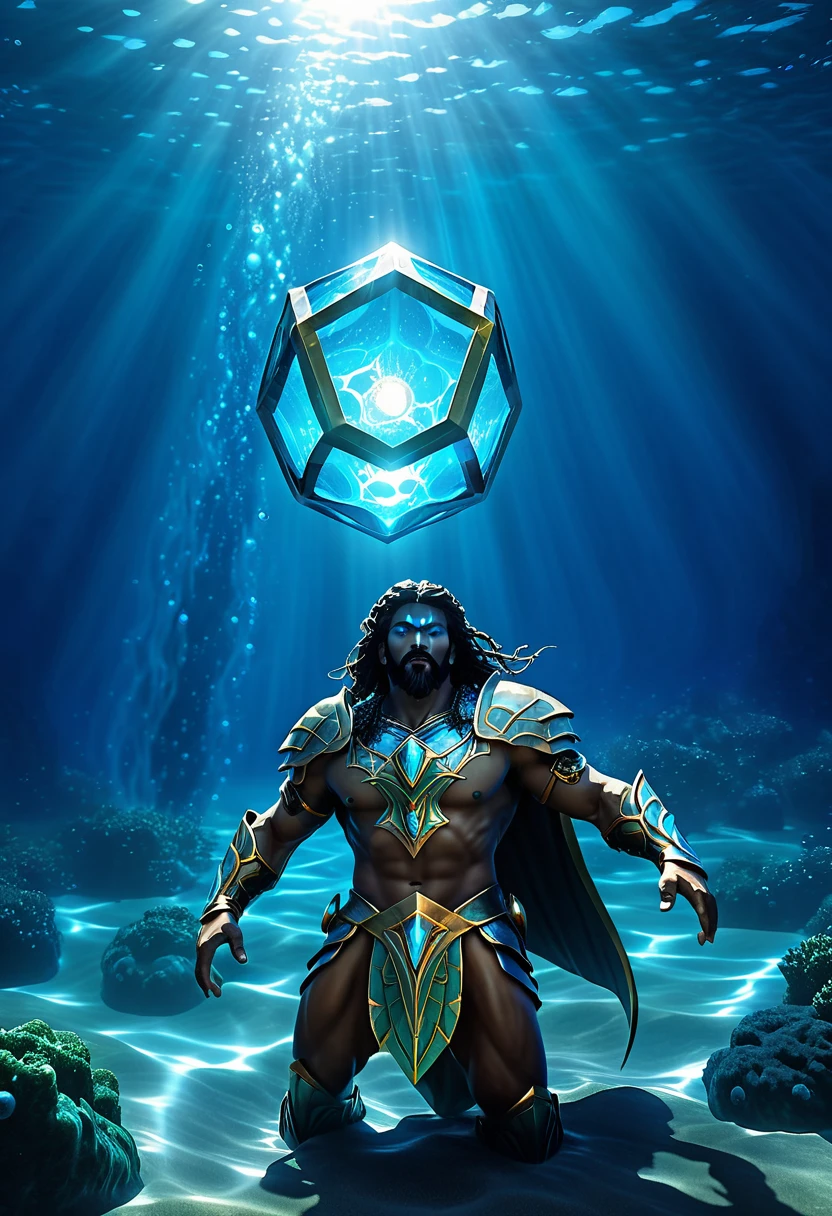 Atlantean warriors, Hedra, emerges as a luminary being from the depths of the ocean