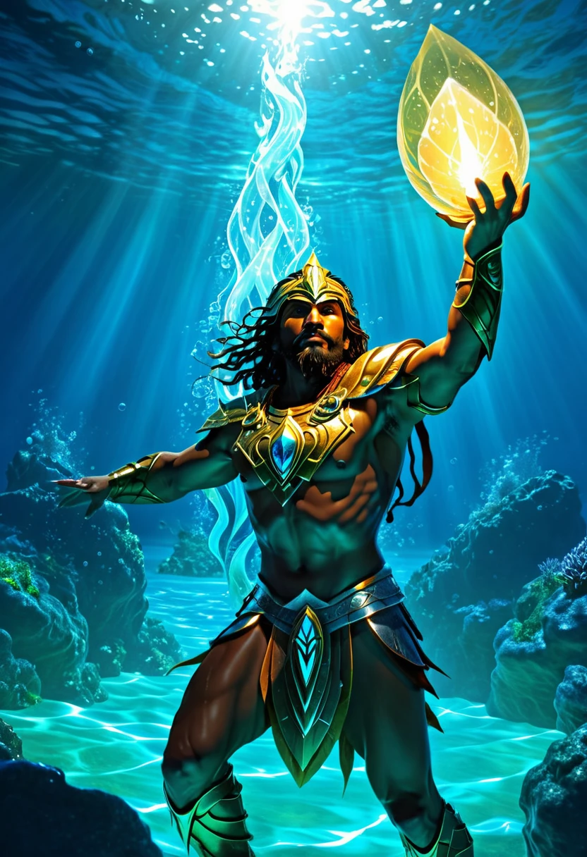 Atlantean warriors, Hedra, emerges as a luminary being from the depths of the ocean