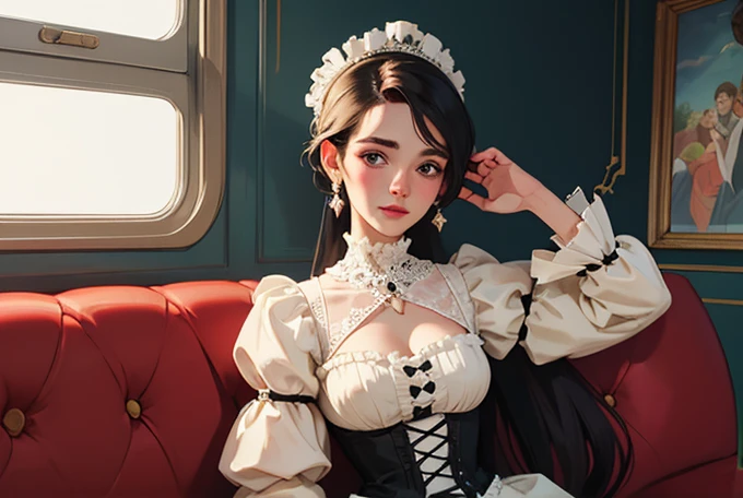 a close-up of a woman in a dress sitting on a train, uma Beautiful woman vitoriana, in victorian aristocrat, rococo queen, Senhora Vitoriana, Beautiful woman, victorian style costume, Adorable woman, gorgeous lady, like an elegant noblewoman, lindo rosto delicado, non-rococo style dress, linda Beautiful woman, Rococo style portrait, Intricate Victorian dress style Cartoon style digital illustration GTA style Jennifer Connelly
