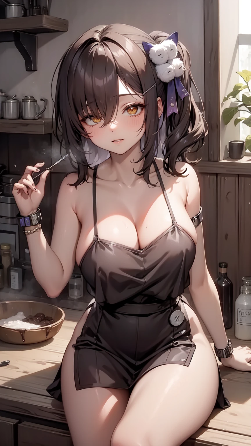 1girl, solo, hair ornament, (naked:1.3), (white apron), large breasts, cleavage, thighs, kitchen background, (blushing:1.3), naga, brown hair, ponytail, golden eyes, dark skin, gal, naga, lewd, she is wet, ponytail, short hair