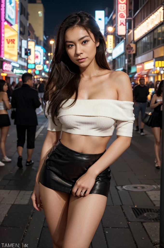 [((Sophie Tan:1.3)), a young and attractive Asian woman, posing on a busy city sidewalk. She is wearing ((a tight mini skirt that has blown up, revealing her buttocks, paired with a stylish off-shoulder top:1.3)). Her hair is styled in voluminous curls, and she has a sultry, inviting expression. The background features modern city architecture with people walking by and neon signs. The scene is captured with a ((mirrorless camera:1.2)) using a ((50mm prime lens:1.2)) to keep Sophie in sharp focus while the background is slightly blurred. Post-production enhances the contrast and sharpness to highlight her outfit and features, and a ((soft bokeh effect:1.1)) is added to the background. The image should be in ((8K resolution:1.1)) with ((hyper-realistic detail:1.3)). The backdrop emphasizes the urban setting with bright neon signs and a bustling sidewalk. The focus is on Sophie’s blown-up mini skirt exposing her buttocks, capturing a glamorous and seductive vibe. Evening lighting is used with enhancements to create a dramatic effect, with a ((soft bokeh effect:1.1)) in the background, enhanced vibrancy, and high contrast to make the scene pop. Sophie is standing with one leg slightly bent, holding her mini skirt with a flirty smile, radiating confidence and allure, embodying urban glamour.]