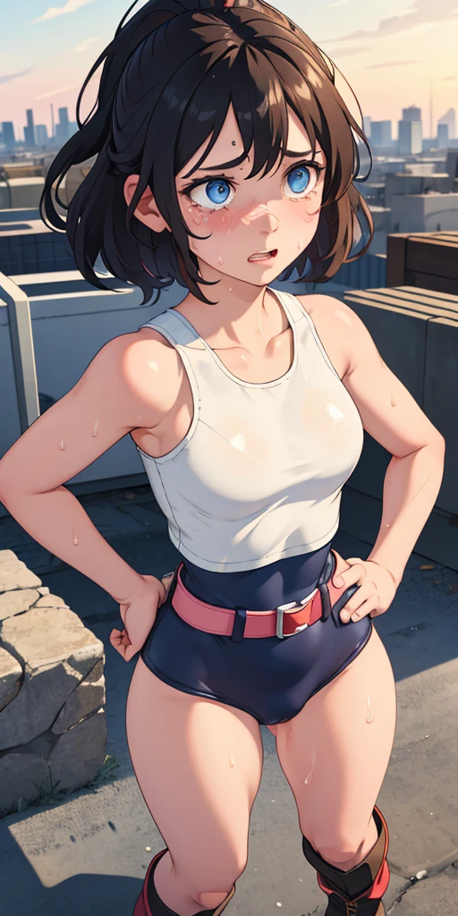 1girl, superhero, leotard, bare legs, boots, standing, solo focus, tight belt, hands on hip, full body shot, mature lady, city backdrop, sleeveless, ultra highres, absurdres, beautiful face, detailed eyes, symmetric eyes、 Face full of scars、Skin shiny with sweat、 injured scared girl、 crying wet bursting out eyes, real tears streaming down face, ultra-detailed eyes,bandaid on face,covered with mud,expression of despair,Illumination that emphasizes shiny sweat{{{Spread }}},(crotch rope walking:1.0)
