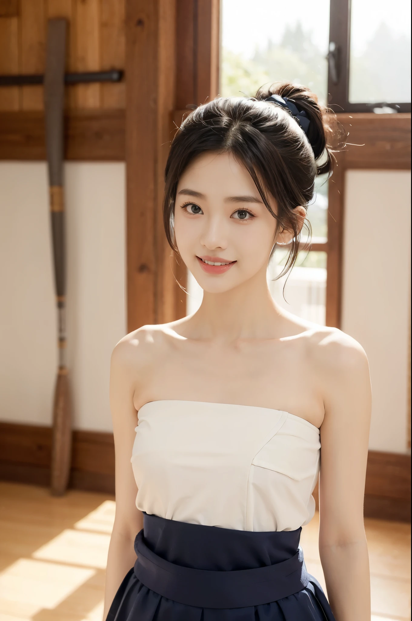 (((best quality))),(((ultra detailed))),(((masterpiece))),illustration,1girl,solo,tonogui,short ponytail,slim,thin,small breasts,flat chest,strapless white tank top,navel,maxi navy-blue kendo hakama,standing in kendo gym,arms behind back,focused and determined expression,ready for challenge,slender and elegant face,confident and resilient,fair skin,blush,neat teeth,bright smile,clean and tidy uniform,wooden gym floor,wall,pine scent,standard grip,ready to slice through obstacles,strong belief,determination,spirit of resilience,admiring,from front,upper body,