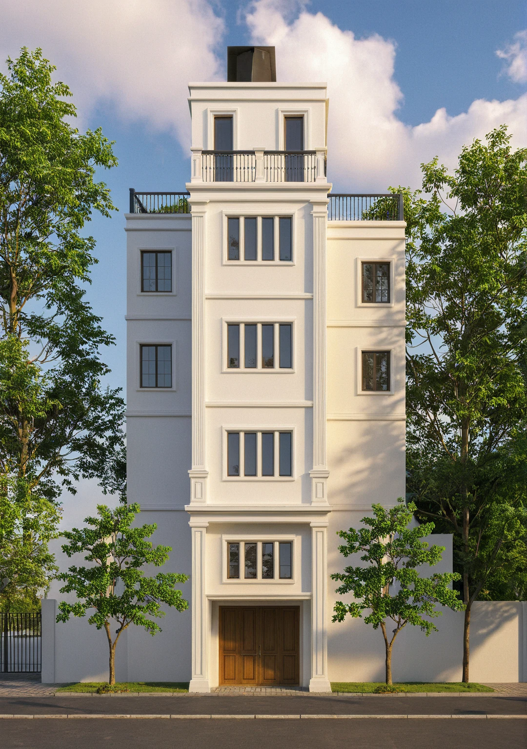 Raw photo,Masterpiece, high quality, best quality, authentic, super detail,
exterior, outdoors, house style neoclassic on the street ,aiaigroup,
road,pavement, grass, trees, sky, cloud, (day:1.1)