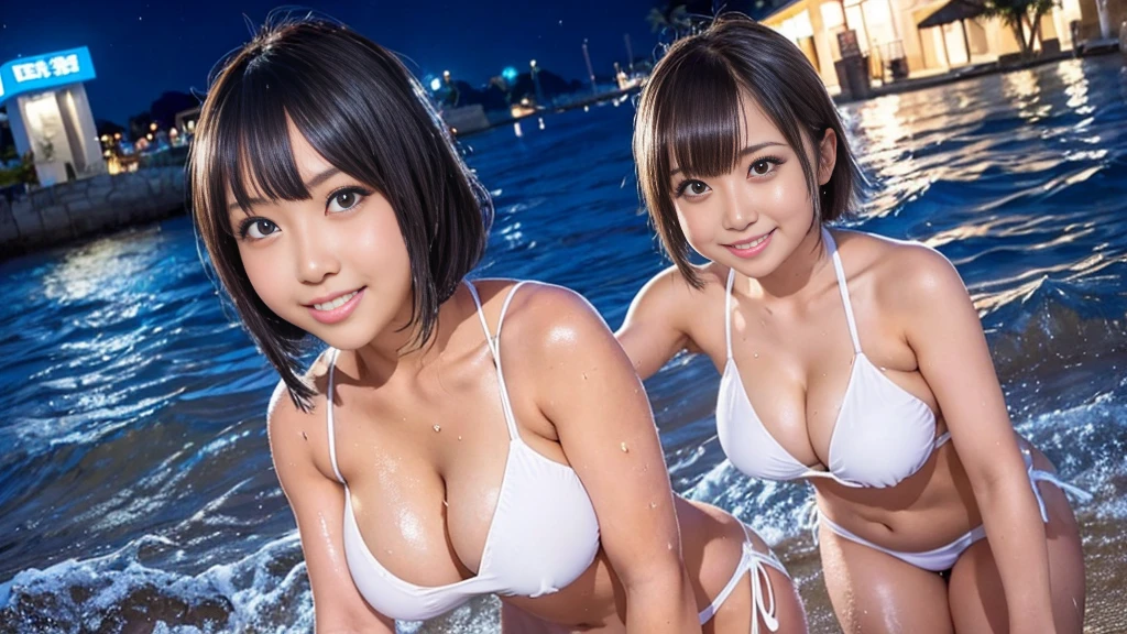 Two busty and plump Japanese high school girls wearing shiny sexy bikinis are playing on the beach at night. Wet feeling, flowing sweat, gushing sweat, wet hair, wet body, wet feeling, short hair pinned up, smiling
