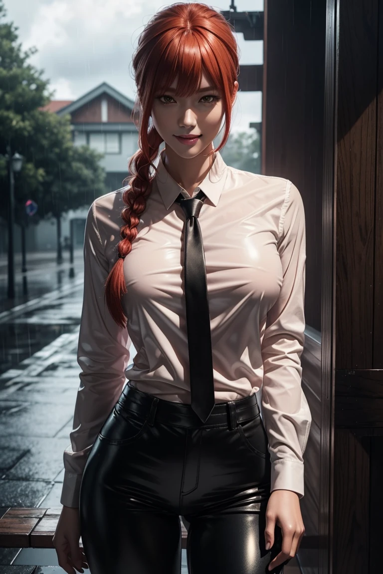 Chainsaw Man,Makima,With bangs,Red Hair,Braids at the back,Golden Eyes,White long sleeve shirt,Black tie,Black Leather Pants,Ultra HD,super high quality,masterpiece,Digital SLR,Photorealistic,Detailed details,Vivid details,Depicted in detail,A detailed face,Detailed details,Super Detail,Realistic skin texture,Anatomical basis,Perfect Anatomy,Anatomically correct hand,Anatomically correct fingers,Complex 3D rendering,Sexy pose,Rainy Sky,Beautiful scenery,Fantastic rainy sky,Picturesque,Pink Lips,smile,