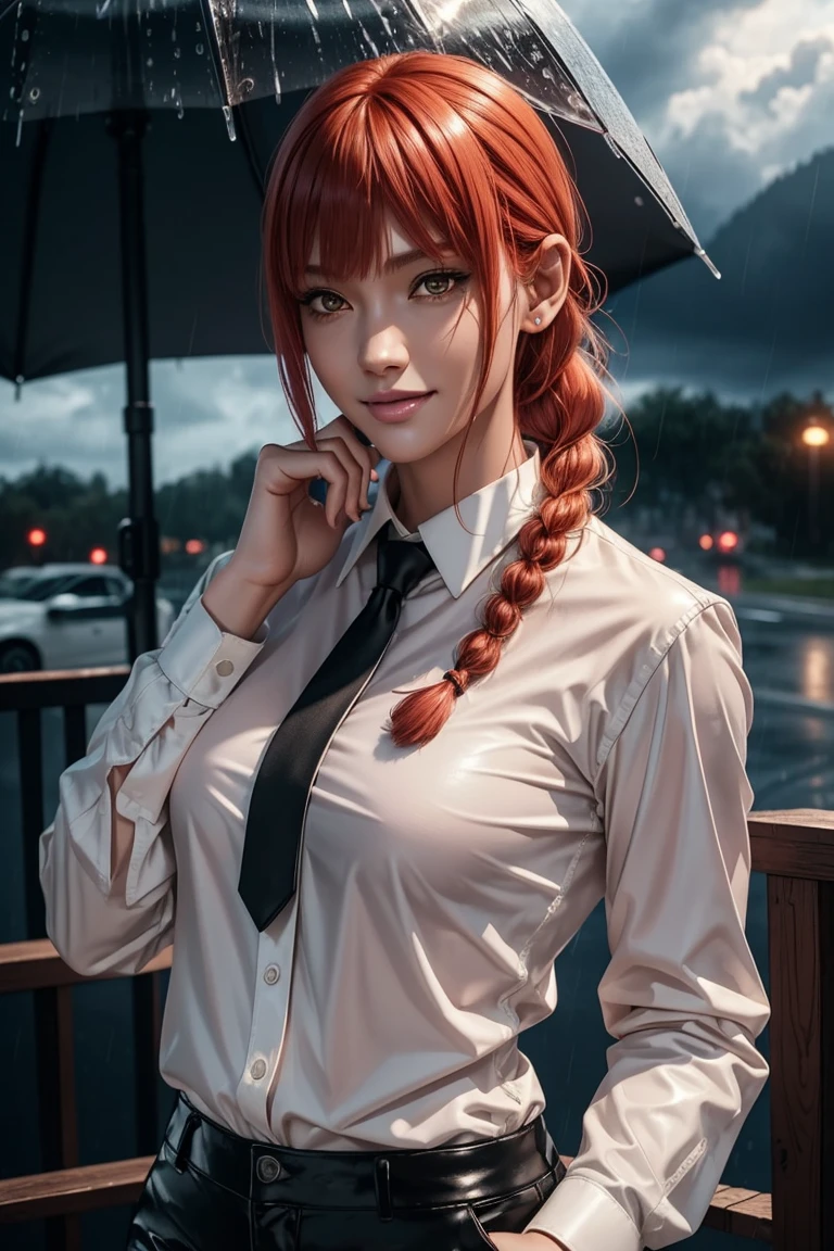 Chainsaw Man,Makima,With bangs,Red Hair,Braids at the back,Golden Eyes,White long sleeve shirt,Black tie,Black Leather Pants,Ultra HD,super high quality,masterpiece,Digital SLR,Photorealistic,Detailed details,Vivid details,Depicted in detail,A detailed face,Detailed details,Super Detail,Realistic skin texture,Anatomical basis,Perfect Anatomy,Anatomically correct hand,Anatomically correct fingers,Complex 3D rendering,Sexy pose,Rainy Sky,Beautiful scenery,Fantastic rainy sky,Picturesque,Pink Lips,smile,