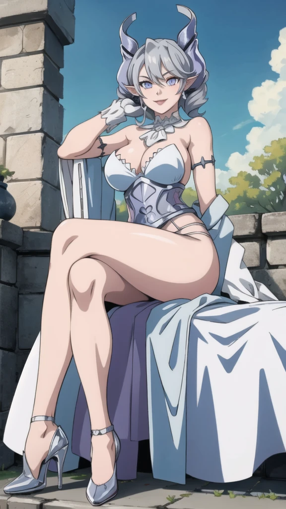 Outside castle top High level image quality best image quality 8K adult woman silver castle outside more colors whole body view portrait bikini horn ears short hair((shortcut)(gray hair)(perm)(fluffy)) eye color is blue , , attractive evil face , smile , sexy pose , labrynth , barearm , gloves , wearing pink , standing , crossed legs, view heels , view below