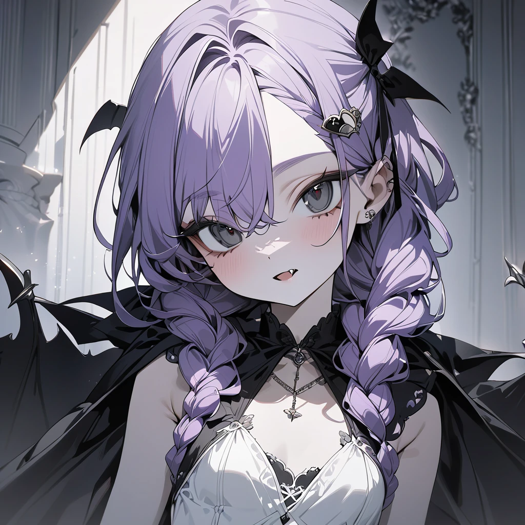 (Cute a girl:1.5), (a girl with closs hair pin,pale purple hair,braided and up.,bluntbangs hair,green and black eyes,look at viewer, Vampire cloak,fang:1.4),
(masterpiece:1.3), anime visual, (Lovey-dovey:1.5), (tilt head:1.3), extremely delicate face, soft clean focus, realistic lighting and shading, (an extremely delicate and beautiful art:1.3), elegant, (muted colors:1.1), small breast,slim,(exceptional, best aesthetic, new, newest, best quality, extremely detailed, :1.2),8k, white theme, blue theme,