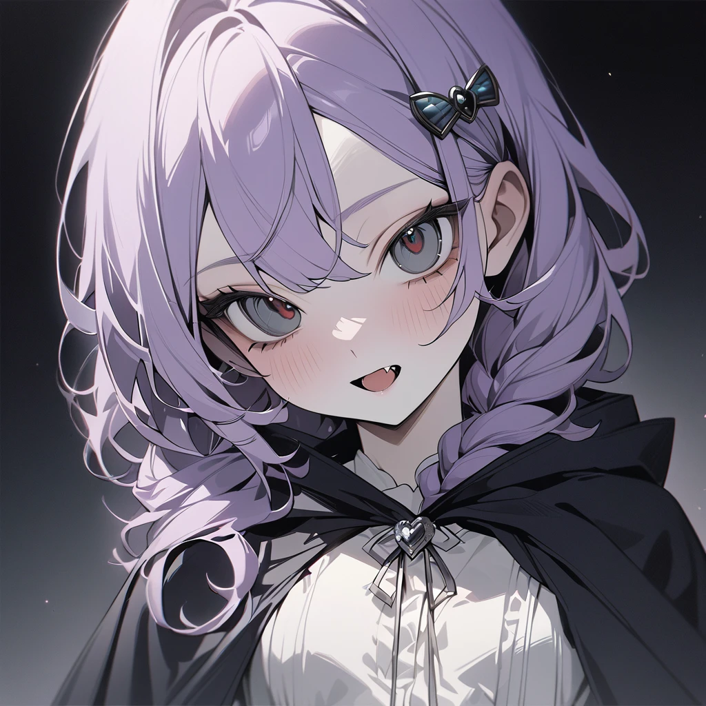 (Cute a girl:1.5), (a girl with closs hair pin,pale purple hair,braided and up.,bluntbangs hair,green and black eyes,look at viewer, Vampire cloak,fang:1.4),
(masterpiece:1.3), anime visual, (Lovey-dovey:1.5), (tilt head:1.3), extremely delicate face, soft clean focus, realistic lighting and shading, (an extremely delicate and beautiful art:1.3), elegant, (muted colors:1.1), small breast,slim,(exceptional, best aesthetic, new, newest, best quality, extremely detailed, :1.2),8k, white theme, blue theme,