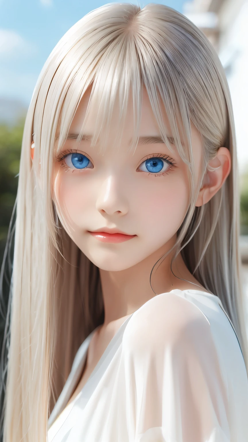 Shiny platinum blonde silk super long straight hair, beautiful shiny bangs, big clear sky blue eyes, very beautiful bright eye highlights