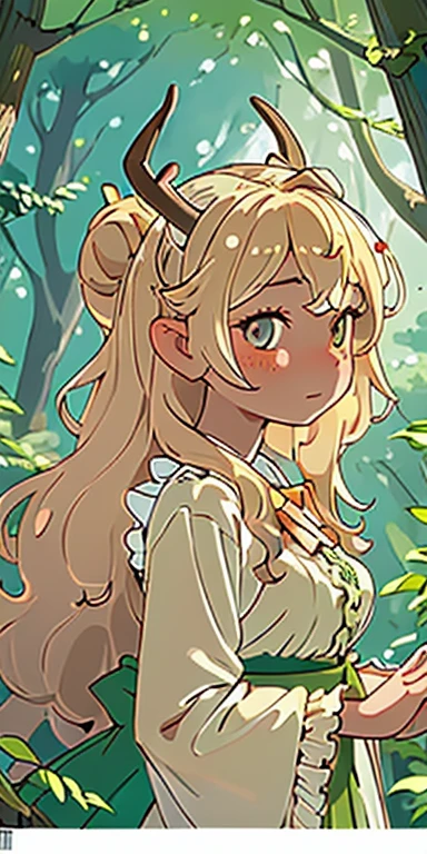 (masterpiece, Highest quality), One girl, Intricate details, blonde, leaf, Wavy Hair, View your viewers, Fairy, Upper Body, forest, Frills, haze, Deer horn,
