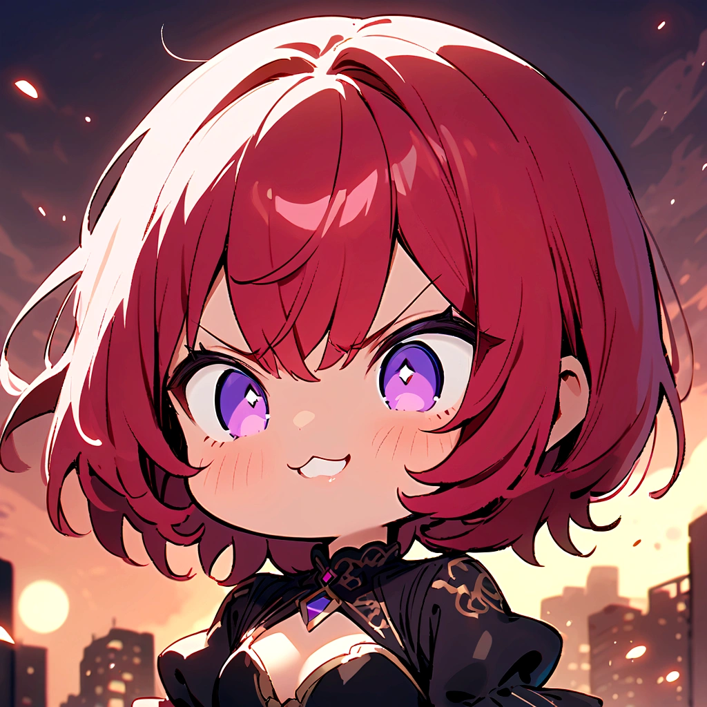 masterpiece,best quality,
, 1girl,short hair ,purple eyes, red hair, caramel skin, lips
, grin, :3, upper body, pink bow, chibi, sharp eyes, pouting, annoyed, angry