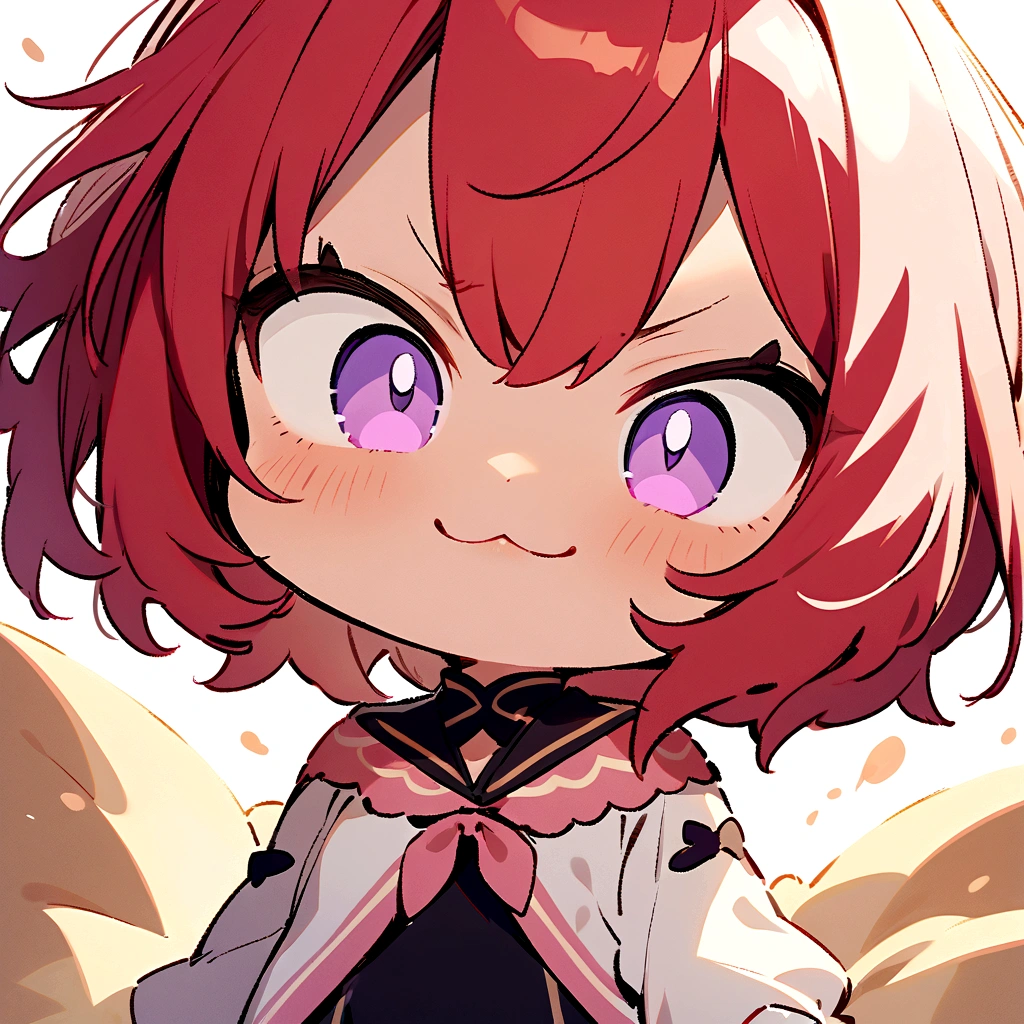 masterpiece,best quality,
, 1girl,short hair ,purple eyes, red hair, caramel skin, lips
, grin, :3, upper body, pink bow, chibi, sharp eyes, pouting, annoyed, angry