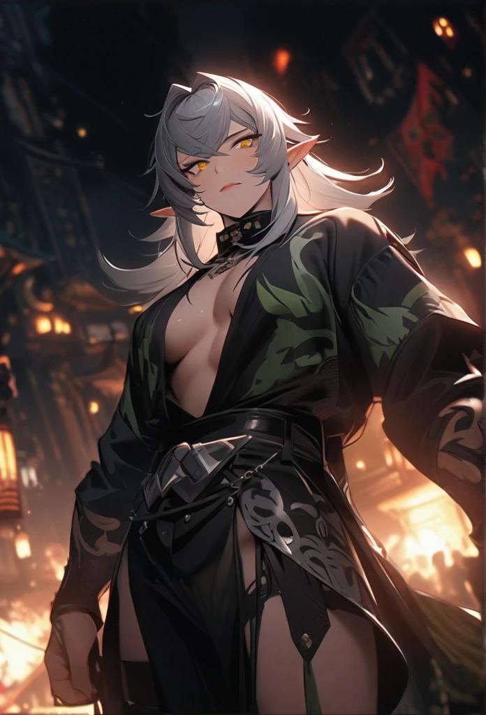 Elf Man, Cao Cao, bonitas, silver hair, yellow  eyes, sexy black outfit, 4k best Quality, アニメ, masculine.