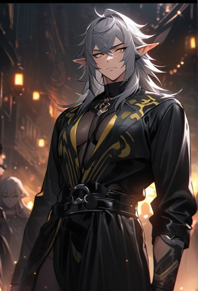 Elf Man, Cao Cao, bonitas, silver hair, yellow  eyes, sexy black outfit, 4k best Quality, アニメ, masculine.