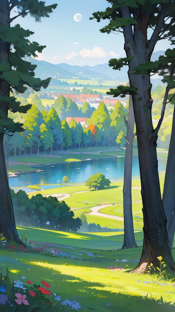 A realistic artistic painting  place should be surrounded by natural beauty, such as a green garden with colorful trees and flowers. There could be a view of a wonderful landscape, such as a quiet lake or mountains in the background. The sun is shining brightly, illuminating the place beautifully, and in addition, the moon can be seen in the sky.”